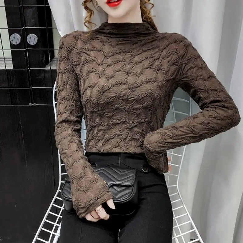 Blouse Women Turtleneck Grenadine Lace Women\'s Shirt Autumn and Winter Tight Long-Sleeved Top Blusas Ropa De Mujer