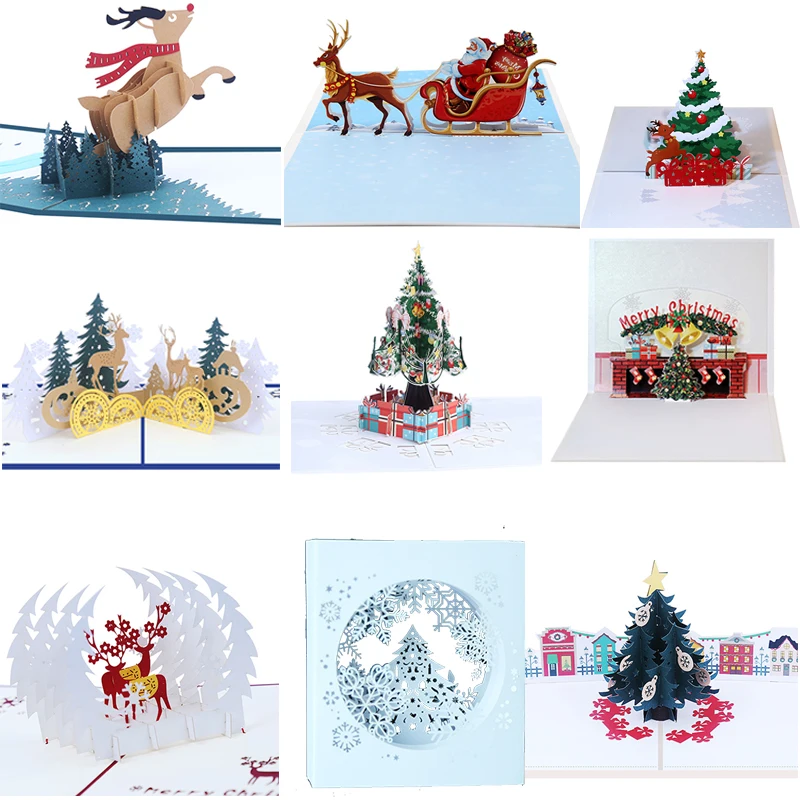 

2019 3d DIY Christmas Card Xmas New Year Hot Air Balloon Santa Snowman Elk Handmade Card Paper Carving Christmas Gift Card 5pcs