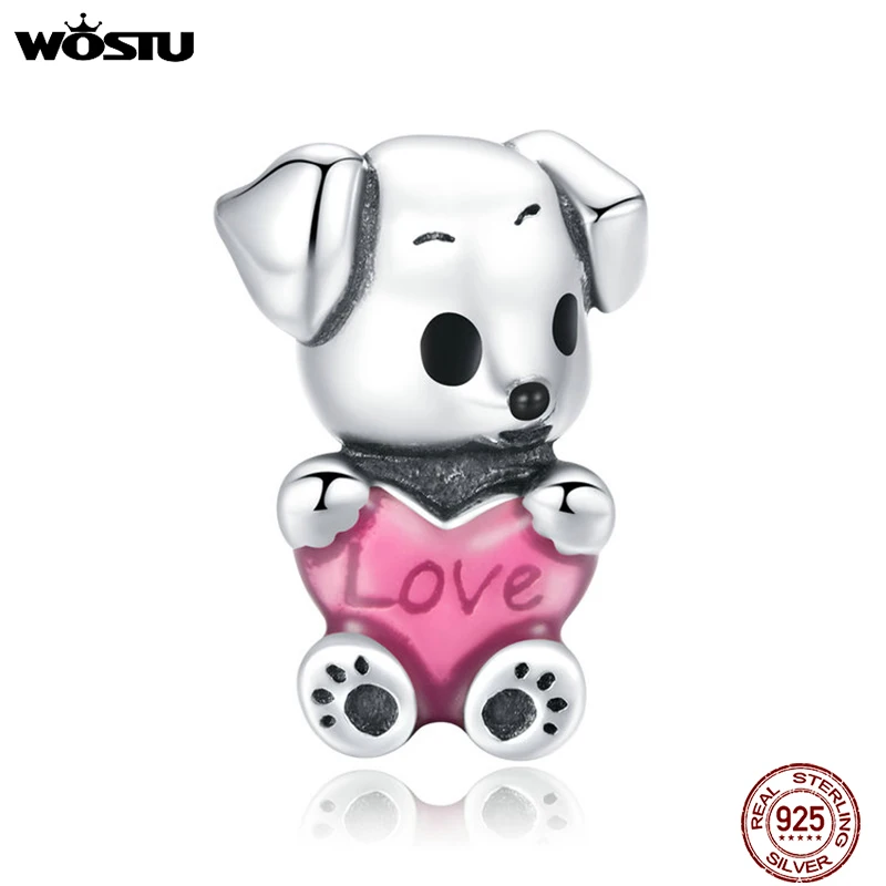 WOSTU 925 Sterling Silver Puppy Dog Bead Cute Animal Pink Enamel Charm Fit Original Bracelet & Necklace Lovely Jewelry CQC1677