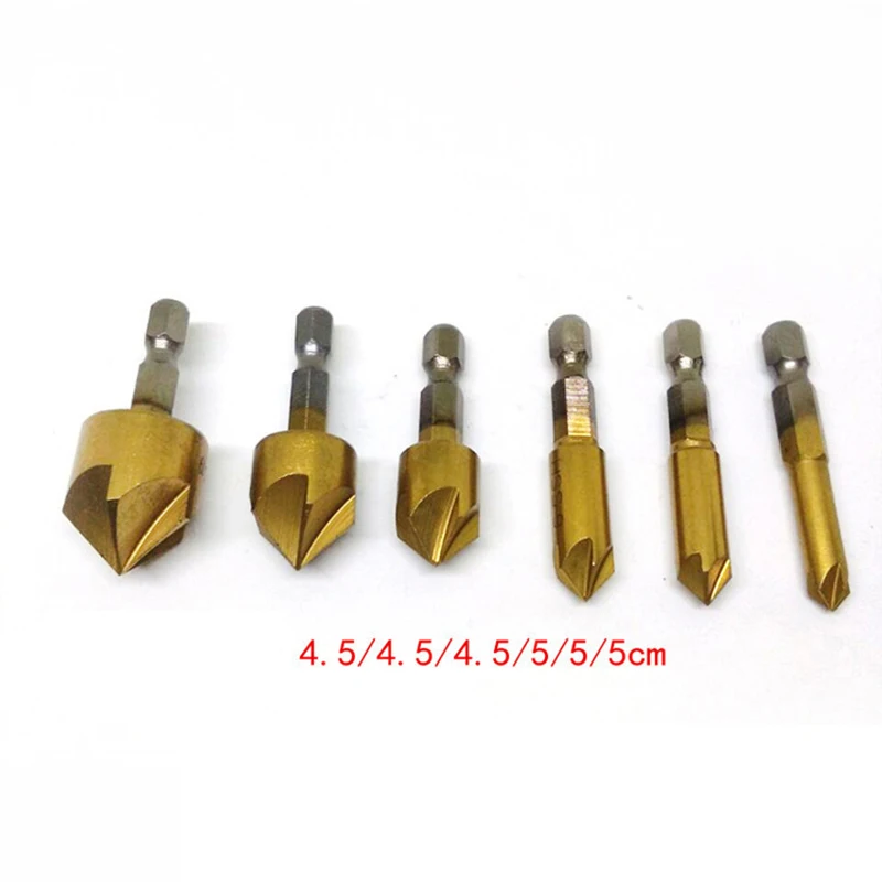 Conjunto de brocas de chanfro 6 peças hss, rebaixo, 1/4 "hex shank 90 ° cortador de madeira 6mm a 19mm