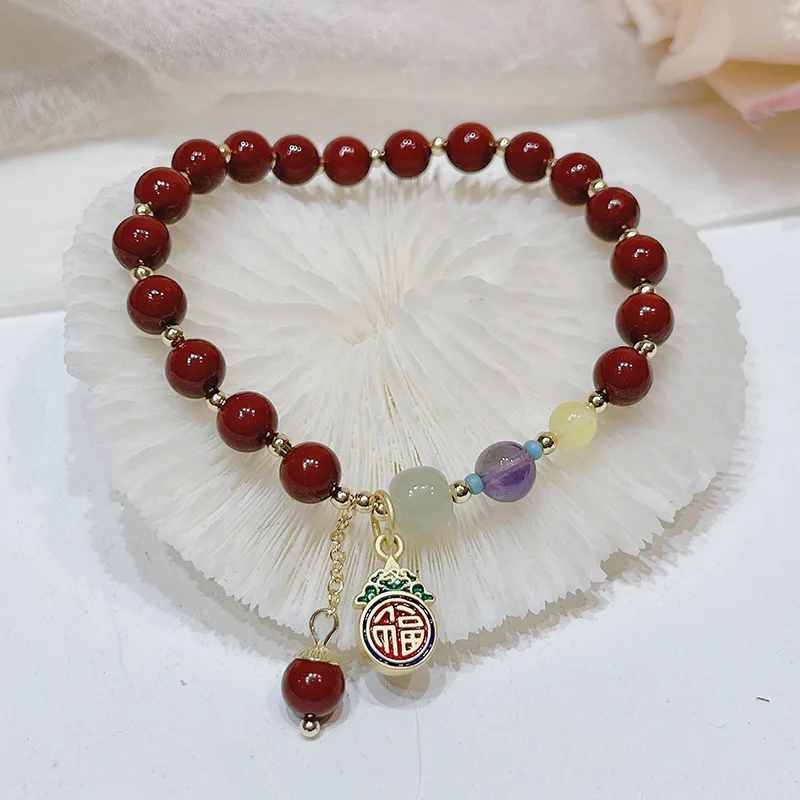 

Ethnic Blessing Pendant Natural Hetian Jade Cinnabar Amethyst Citrine Stones Beaded Bracelets for Women Fine Jewelry YBR621