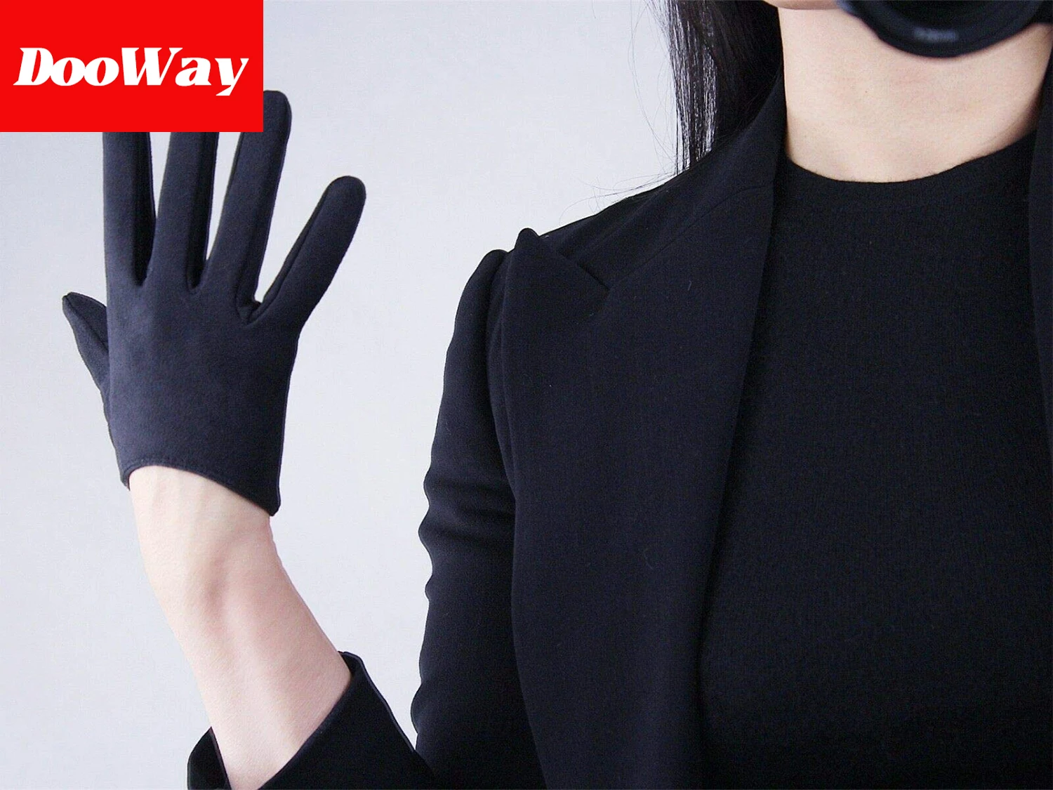 DooWay Women Black Suede Gloves Faux Leather 16cm Extra Short Double-faced Fashion Winter Warm Usual Wearing Driving Gloves