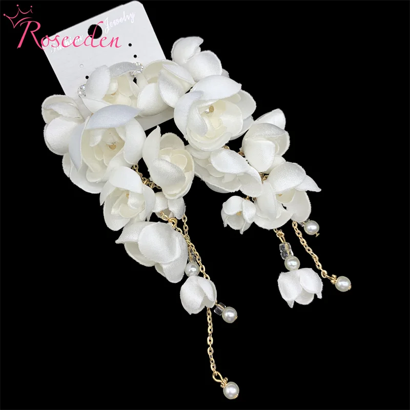 

Handmade White Flower Bridal Earrings Wedding Jewelry Gold Color Women Drop Earring RE4410