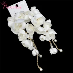 Handmade White Flower Bridal Earrings Wedding Jewelry Gold Color Women Drop Earring RE4410