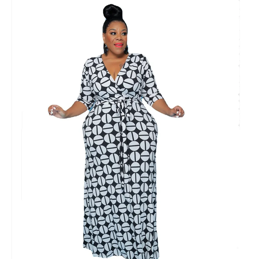5xl 플러스 사이즈 드레스 여성 도매 Bodycon 스트레치 프린트 드레스 벨트 전체 길이 긴 소매 드레스 패션 Dropshipping