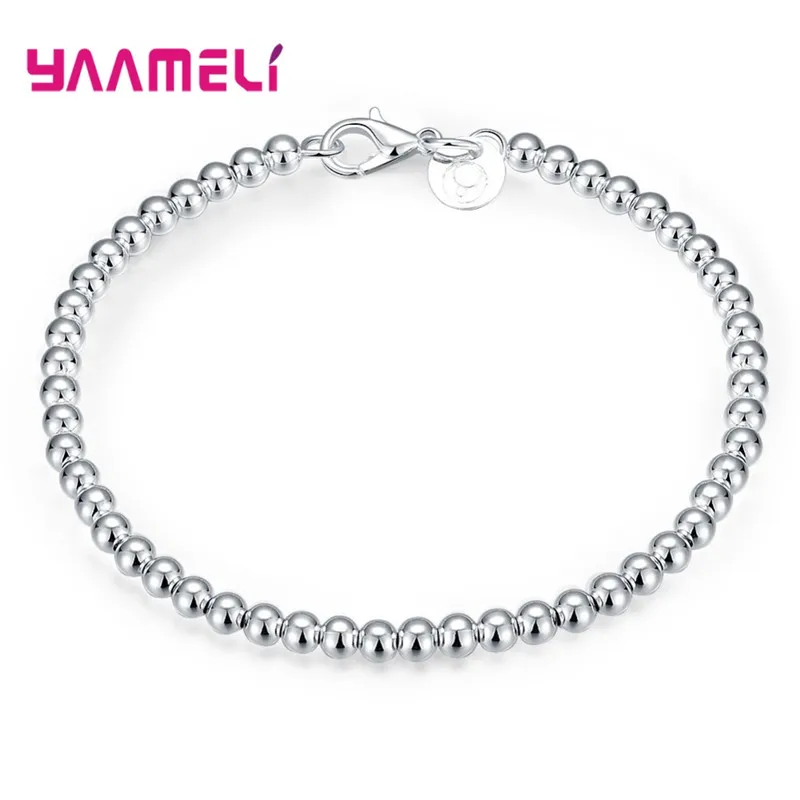 Pure 925 Sterling Silver 4mm Small Beads Charms Strand Bracelets Bangles for Women Wedding Engagement Femme Jewelry