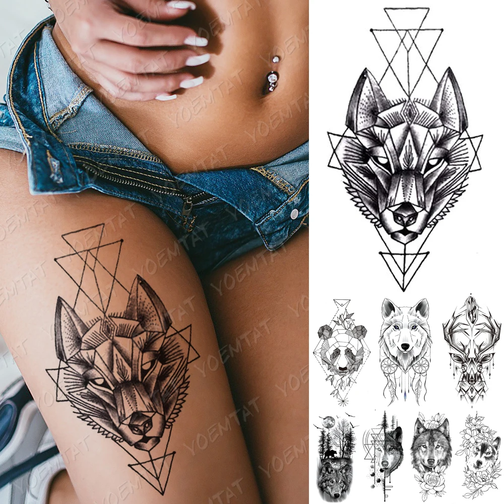 

Waterproof Temporary Tattoo Sticker Line Geometry Fox Panda Wolf Tattoos Deer Flowers Body Art Arm Fake Sleeve Tatoo Women Men