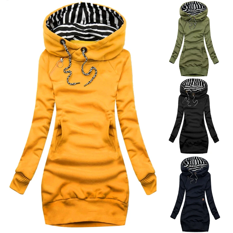 Fashion Women Sweatshirt Pullover Hoodies Long Sleeve Dress Hooded Striped Hooded Tops Drawstring Sweatshirts Slim Long Hoodies