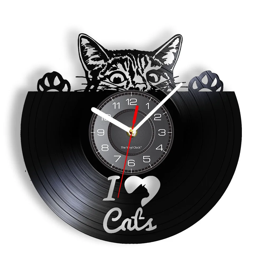 I Love Cute Peek Cats Vinyl LP Record Wall Clock I Love Peeking Cats Kitten Owner Home Decor Pet Kitty Silhouette Crafts Clock