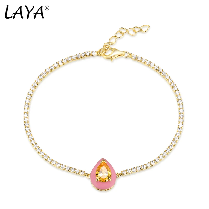 

Laya Silver Bracelet For Women Pure 925 Sterling Silver Shiny White Cubic Zirconia Pink Enamel Fashion Jewelry Handmade Enamel