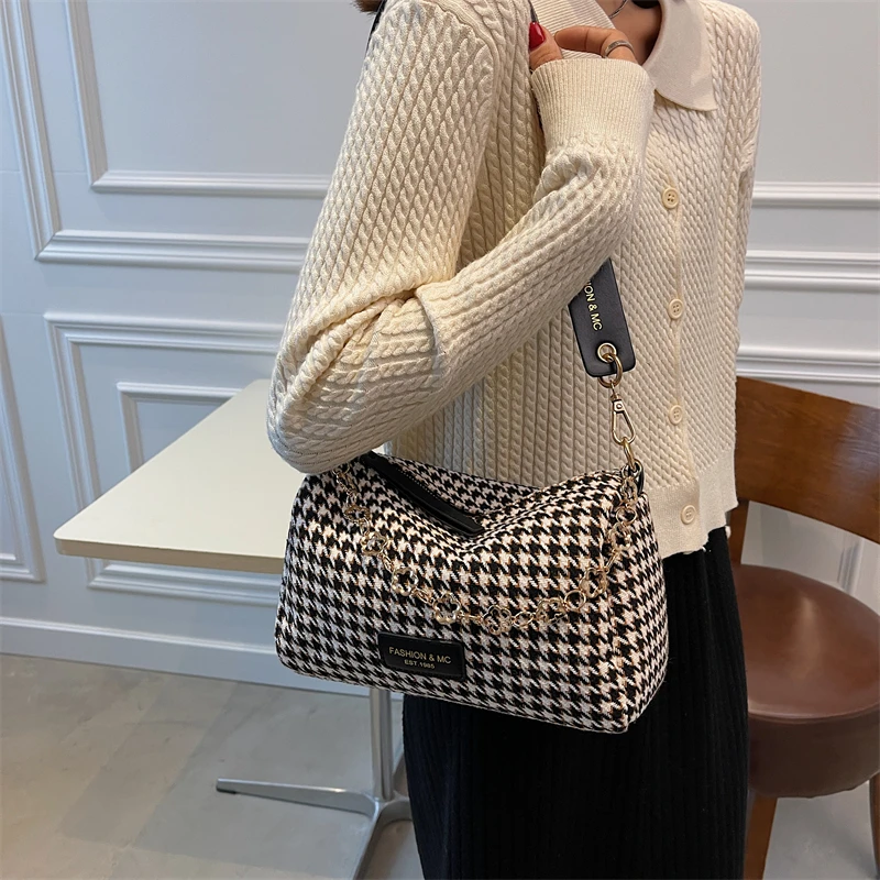 Small Chain Houndstooth Shoulder Crossbody Bags Woolen Cloth Luxury Designer Women 2021 hit Winter Handbags and Purse Branded