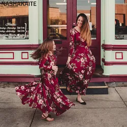 NASHAKAITE Mom and daughter dress Wine Floral Party Long Dress Mother Daughter Dresses Mom and daughter matching clothes