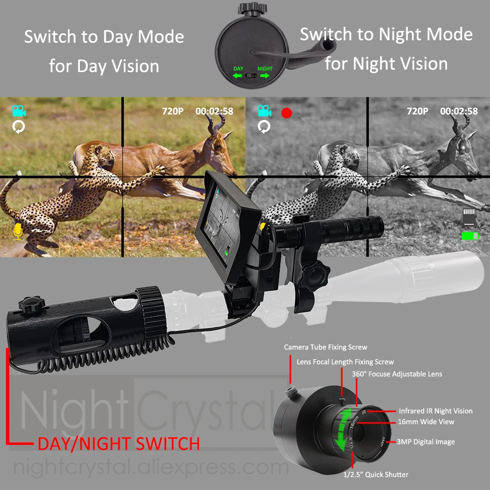 Night Vision Scope Attachment Camcorder with LCD Display and IR Flashlight, Rifle, Airsoft, Tactical Hunting, DIY 720P HD