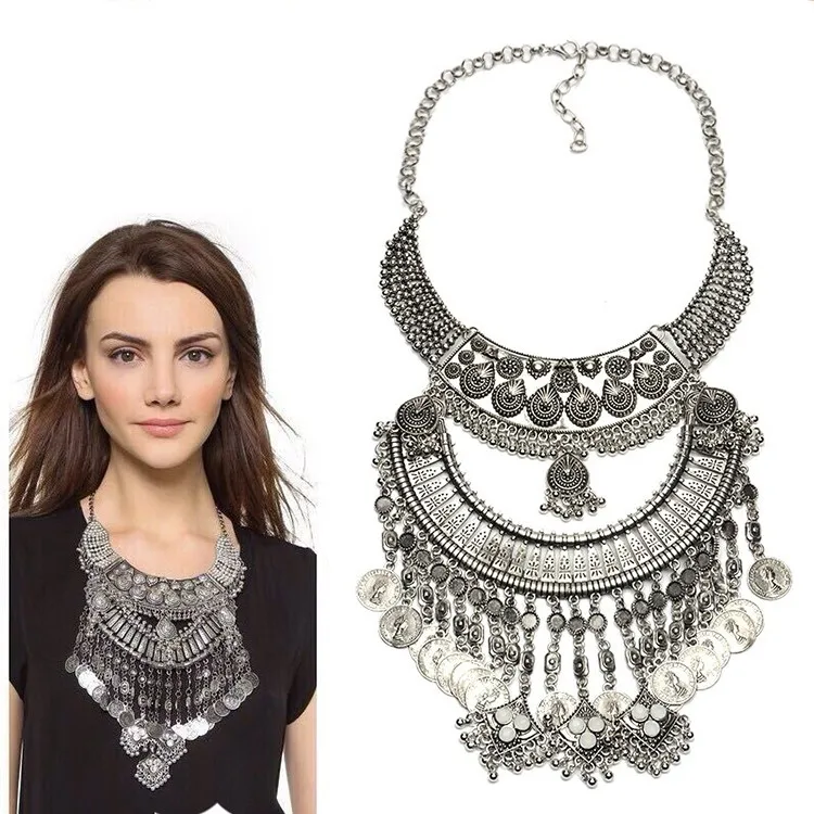 Indian Ethnic Statement Large Collar Necklace Jewelry Women Bohemian Vintage Silvery Coin Maxi Big Necklace Pendant Jewellery