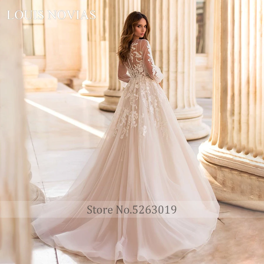 Louis Novias Abito Da Sposa Manica Lunga Ricamo Squisito Spazzata Spazzola Treno Illusion Scollo A V Abiti Da Sposa Vestido De Noiva