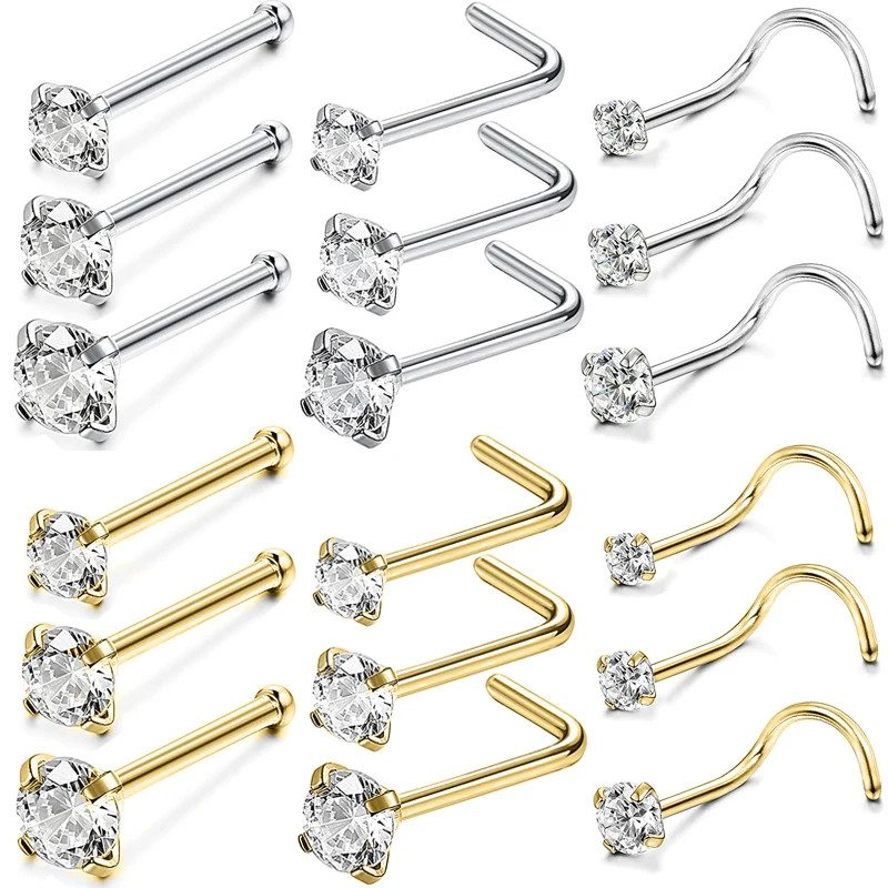 ZS 20G Gold Sliver Plated Nose Studs Set Stainless Steel Nostril Piercing Crystal Nose Ring Studs Women Men Zircon Nose Studs