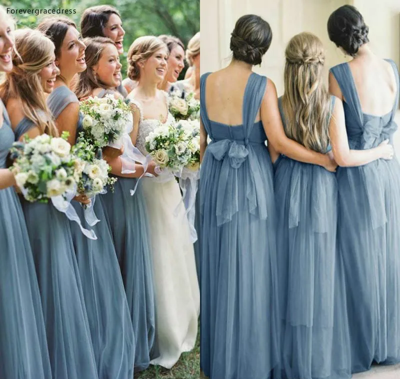 2019 Light Blue Summer Boho Bridesmaid Dress Backless Country Garden Formal Wedding Party Guest Maid of Honor Gown Plus Size