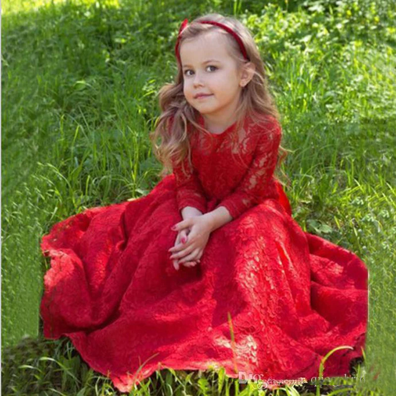 Lace Red A Line Mother and Daughter Dresses Bow High Collar Long Sweep Flower Girlrincess Party Birthday Gowns comunion dress