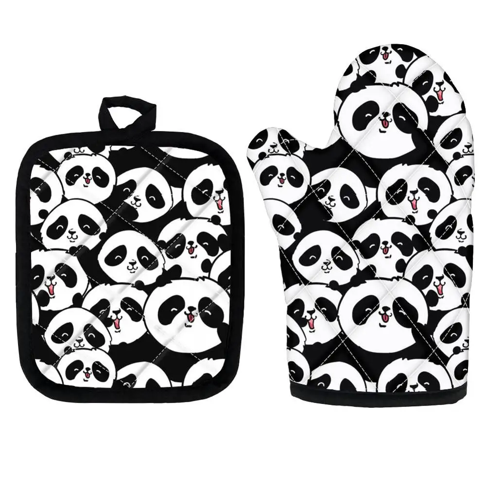 

Oven Mitts And Pot Holders Sets Cute Panda Print Insulation Gloves Kitchen Cooking Microwave Mitts Heat Resistant Potholder Pad