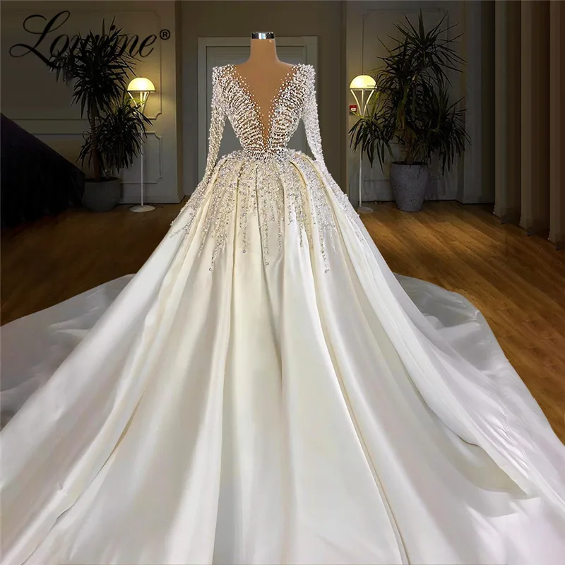 

Luxury Dubai Pearls Beading Satin Weddding Dresses Long Vestido De Novia 2020 Muslim Saudi Arabia Bridal Gowns Bride Dresses