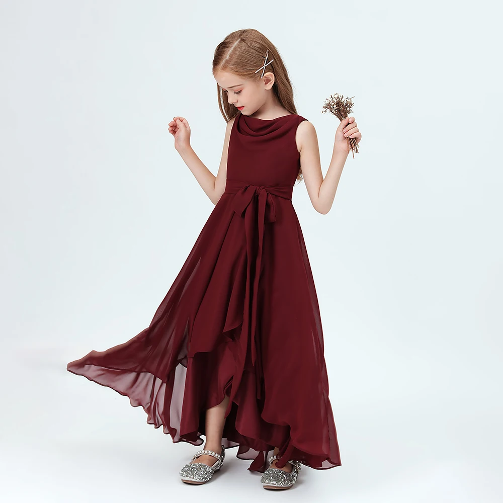 Assymetrische Chiffon Junior Bruidsmeisje Jurk Voor Kinderen Feestvieren Verjaardag Evenign Feest Bruiloft Verkiezing Banket Prom