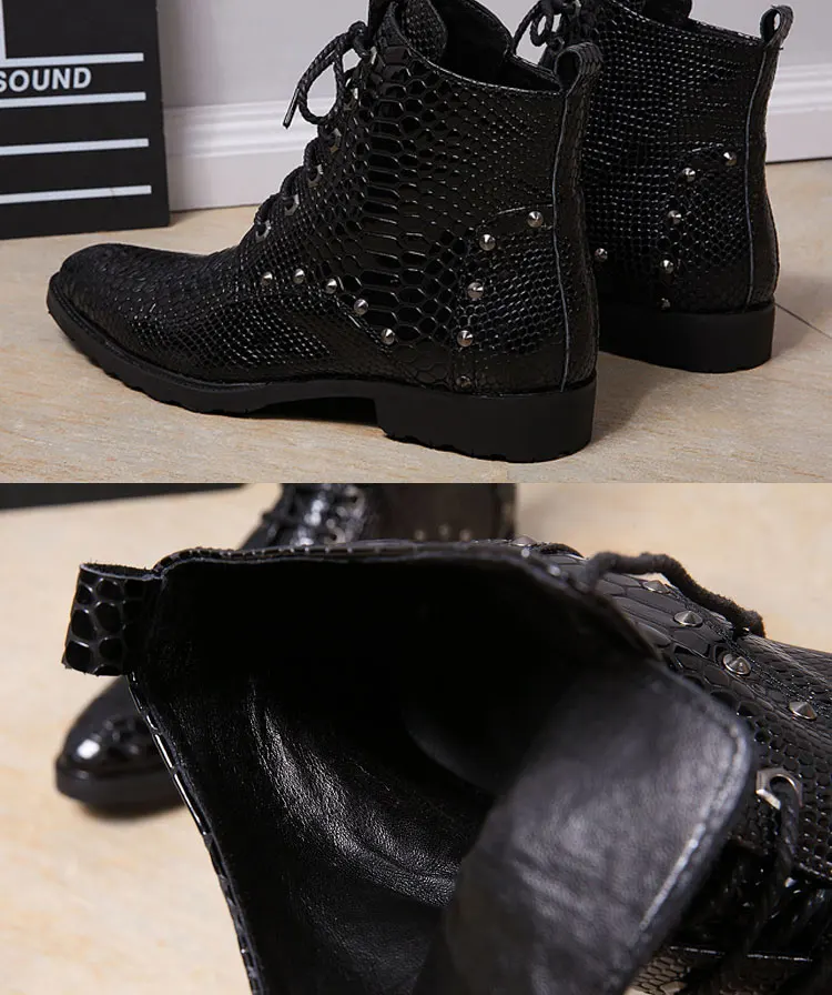 Frühling und Herbst Spitze High-Heel-Stiefel für Herren Großbritannien Oberschichtleder Schnürstiefel mit Nieten Serpentinen Show Office Herrenschuhe – Detail 20