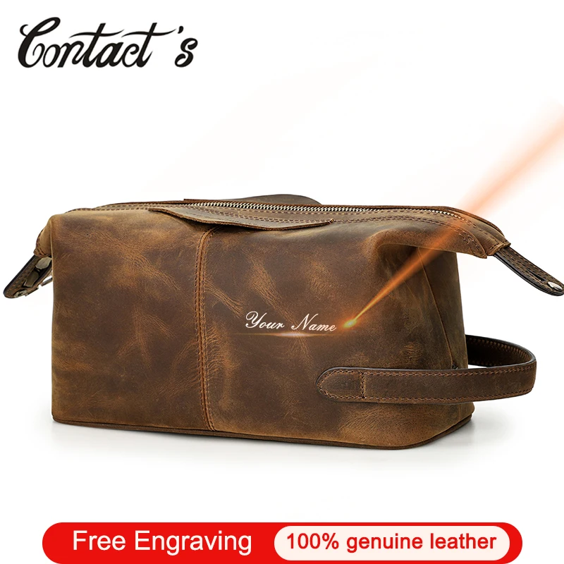 Contact's Crazy Horse Leather Cosmetic Bag For Men Toiletry Bags Male Makeup Pouch Vintage Travel Wash Storage Large Capacity