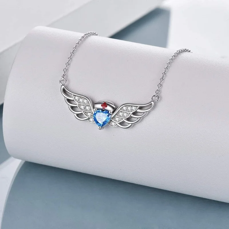 Exquisite White Guardian Angel Lady Necklace Blue Jewelry Strap Angel Wing Doctor Nurse Theme Halloween Christmas Party Gift