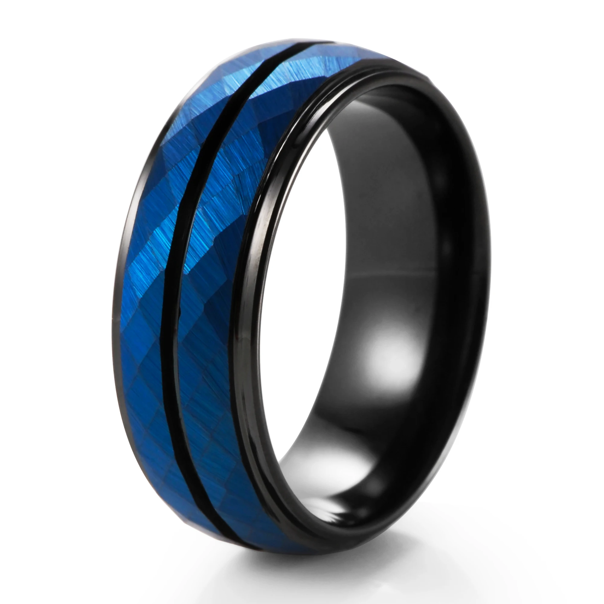 Tungsten Wedding Band Black & Blue Brushed Hammer Tungsten Carbide Ring 8mm Faceted Men Women Engagement Comfort Fit