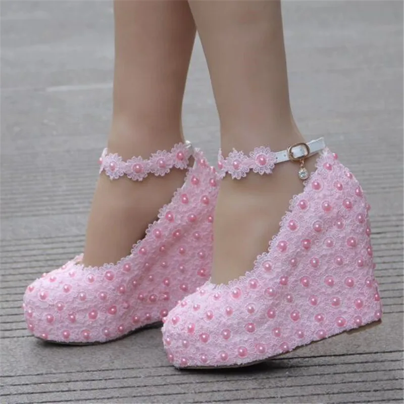 2025 new white wedges wedding pumps sweet white flower lace pearl platform pump shoes bride dress high heels