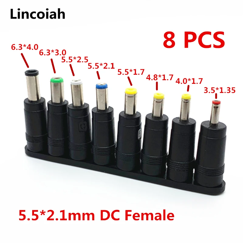 8pcs DC 5.5X 2.1 MM female jack plug adapter Connectors to 6.3 6.0 5.5 4.8 4.0 3.5mm 2.5 2.1 1.7 1.35mm Male Tips power adaptor