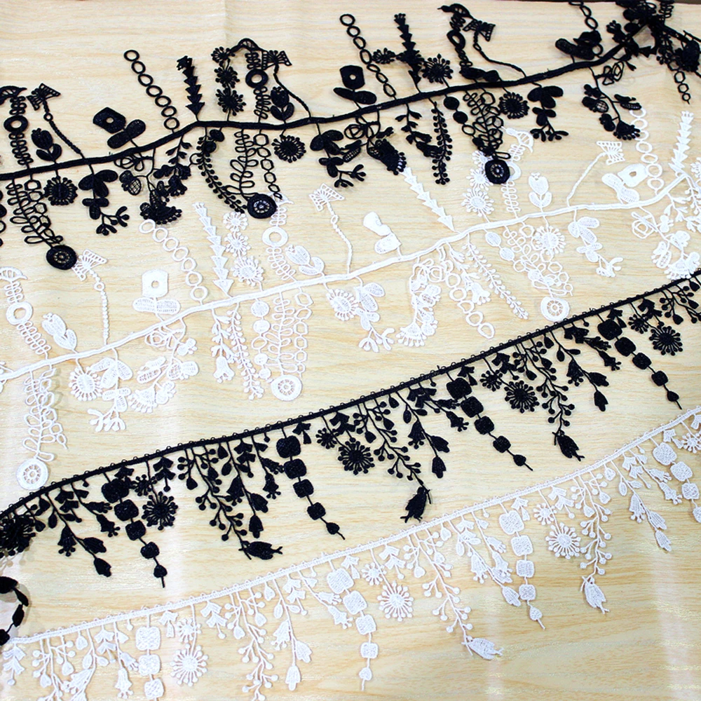 1Y White Black Water Soluble Lace Fabric Embroidered Ribbon Trim Edge For DIY Crafts Dresses Curtains Tassel Fringe Decor