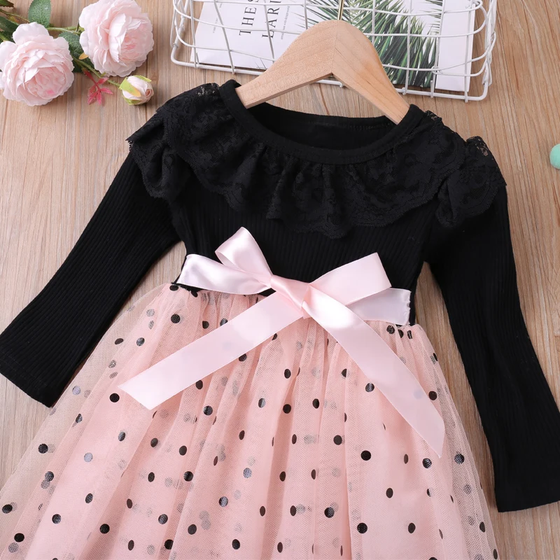 Humor Bear Girls  Long Sleeve Dress Autumn New Lace Collar  Mesh Yarn Patchwork Princess  Dress Toddler Kids Clothes