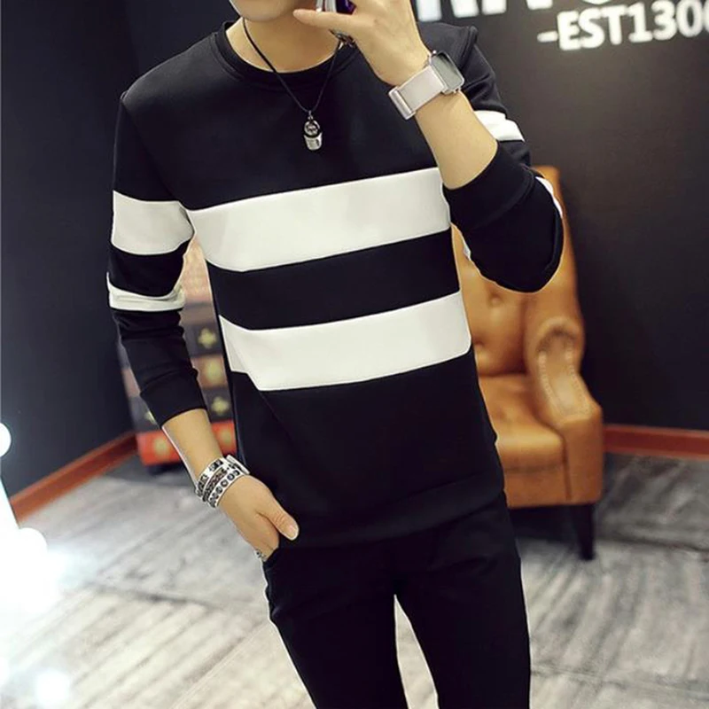 

Spring Men Printed Long-sleeved T-shirt Teen Round Neck Stripe Bottom Top Fashion Casual Men's Clothing