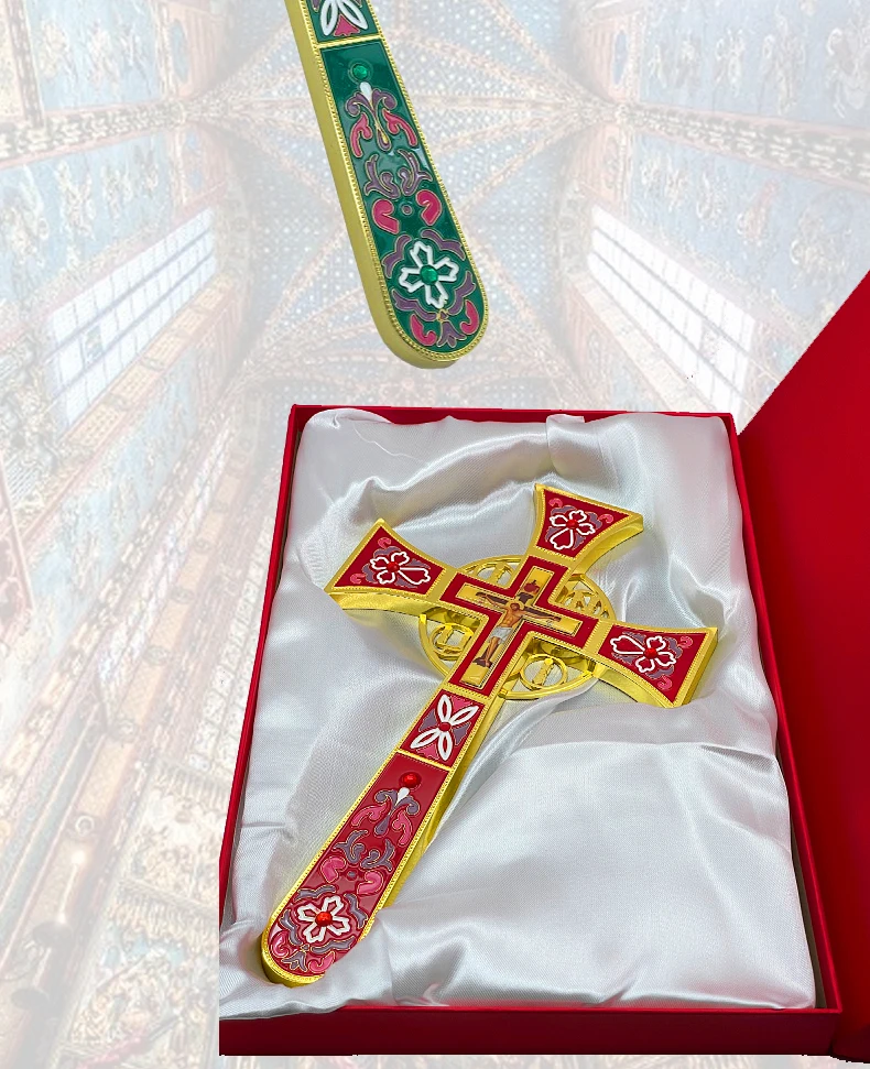 Neues Orthodoxes Emaille-Segenskreuz aus Goldmetall, Handkreuz für Kirchenrituale, religiöse Altar-Gebetsdekoration, Geschenk – Detail 5