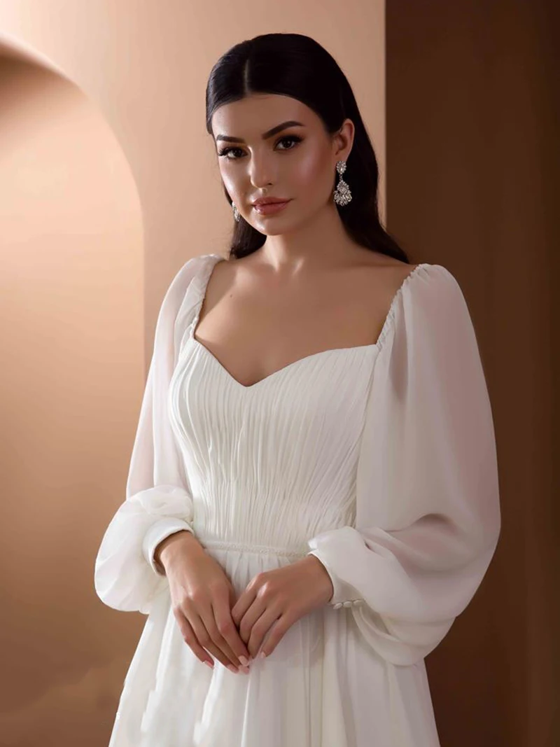 Off The Shoulder Chiffon Wedding Dress Beach 2024 Backless Long Puffy Sleeves Bridal Gown Vestidos De Noiva Robe Mariage