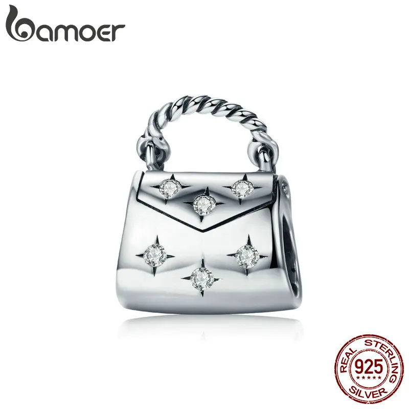 

BAMOER Genuine 925 Sterling Silver Dazzling Clear CZ Women Handbag Charm Beads fit Charm Bracelet & Necklace 925 Jewelry SCC607