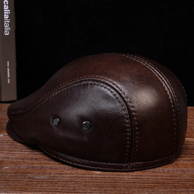 HL042 Men\'s Genuine Real Leather Baseball Caps Hats Black Brown Coffee Brand New Cow Skin Beret Newsboy Hat Cap