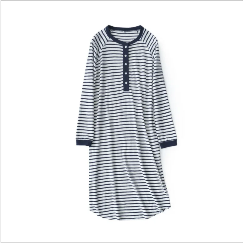 2024 Spring Female Casual Striped Nightgown Ladies Soft 100% Cotton sleepshirt Women Long Sleeve Round collar sleepwear dress