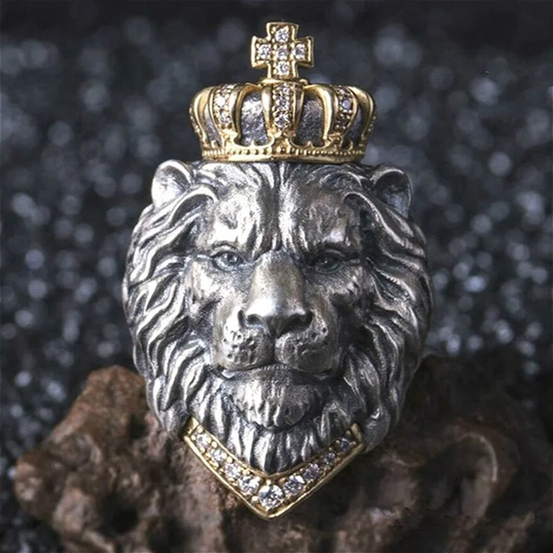 New Retro Crown Lion Domineering Luxury Vintage Men Rings Party Night Club Cubic Zirconia Animal King Lion Rings Jewelry Gifts