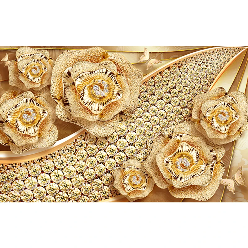 

3d Mural Wallpapers Luxury Golden Flower Jewelry Wall Papers Rose Home Decor 3d Wallpaper