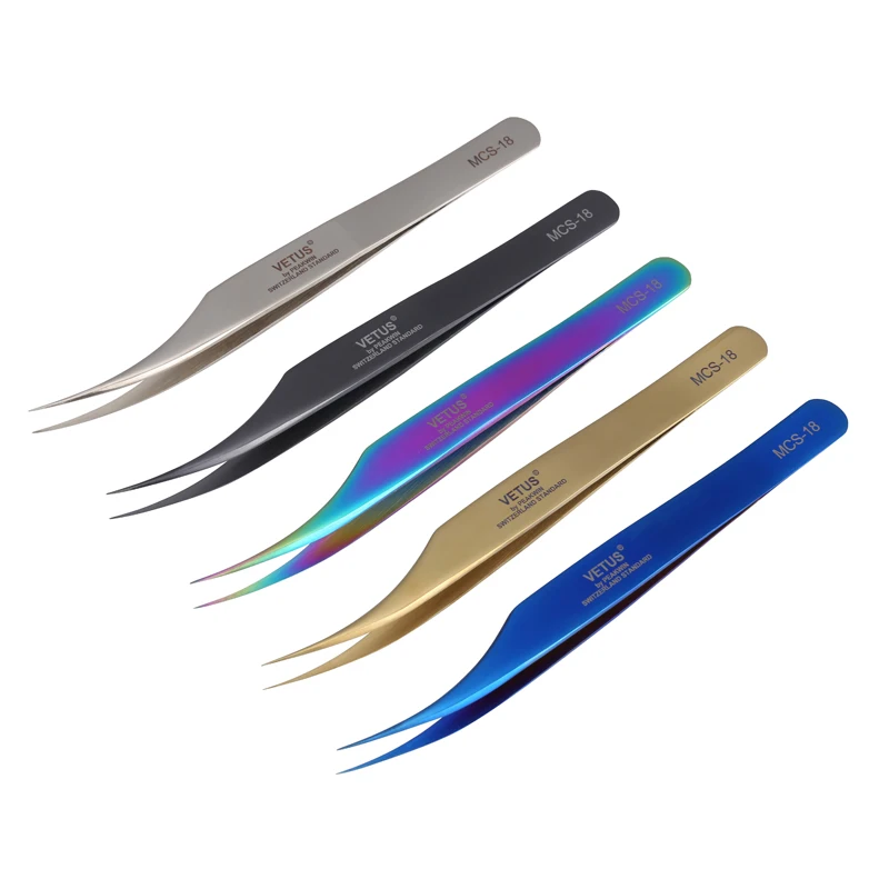 

Vetus MCS-18 Electronics Industrial Colorful Tweezers Curved Tip High Hardness Precision Stainless Steel Pinça Phone Repair Tool