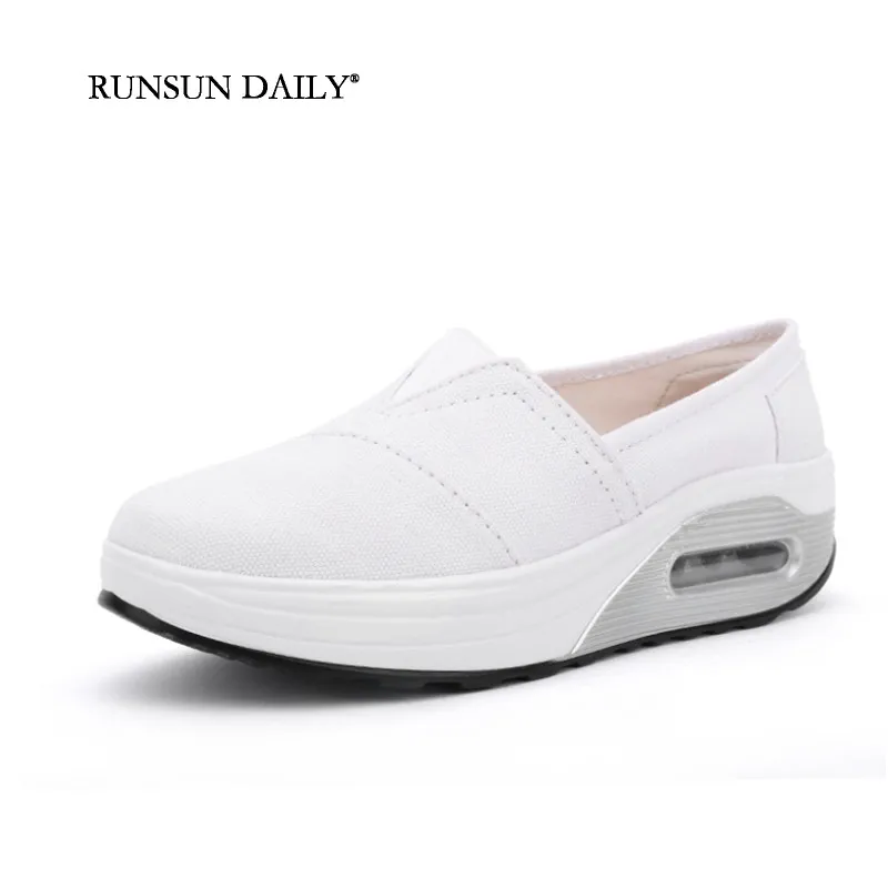 Women Canvas Shoes Comfortable Breathable Walking Shoes Air Cushion Lightweight Sports Footwear Increasing Height Slip-on