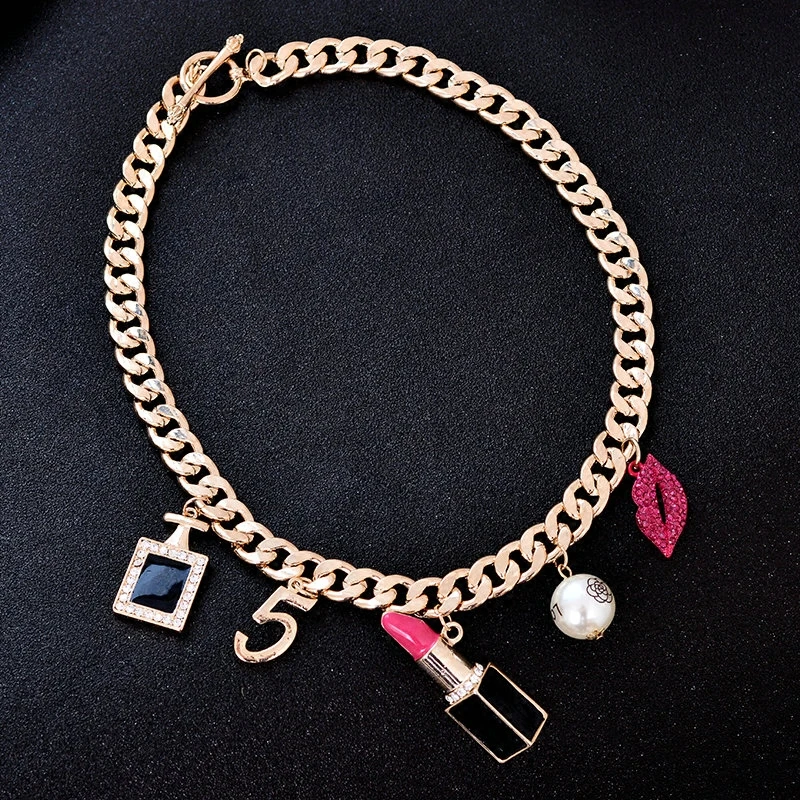 Trendy heavy metal chian choker necklace for women rose crystal kiss party jewelry outlet cheap wholesale