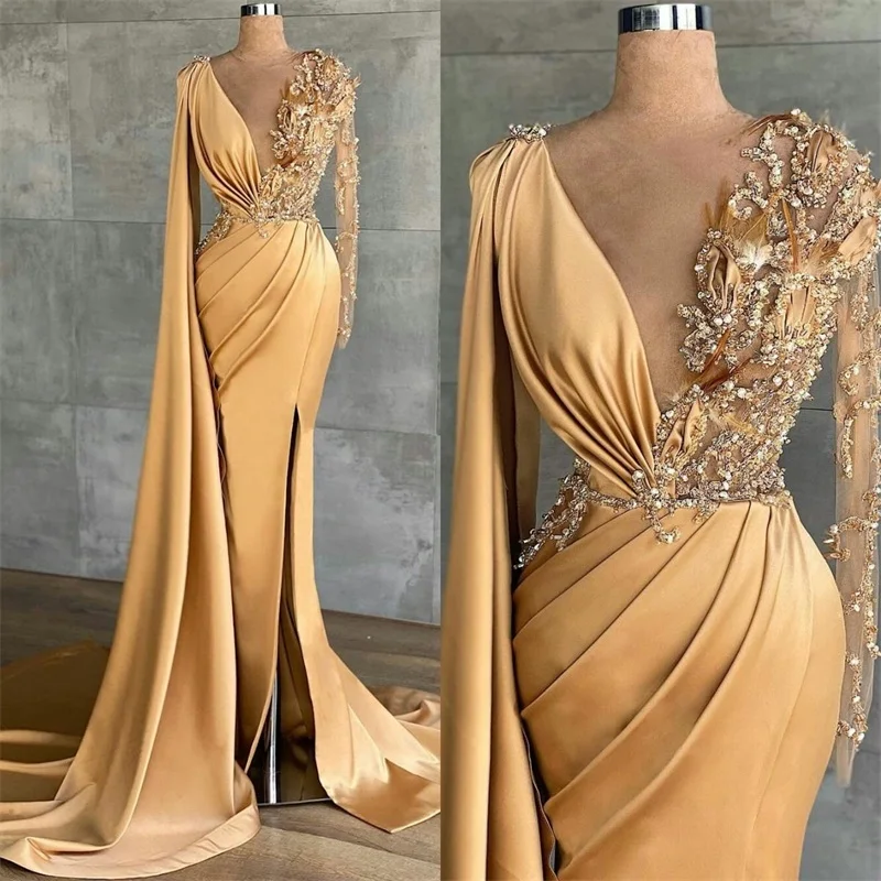 

Gorgeous Crystal Evening Dresses Long Sleeves Mermaid Prom Dresses Custom Made Sexy Side Split Sweep Train Robe de mariée