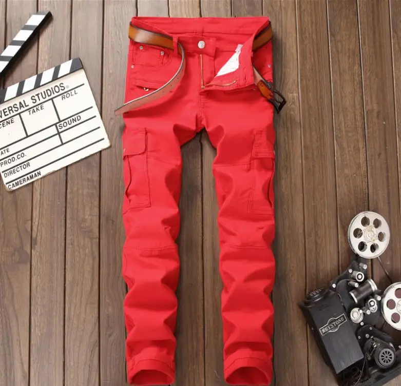 Biker Jeans Red Men's Casual Multi Zipper Pockets Slim Stretch Denim Pants High Quality