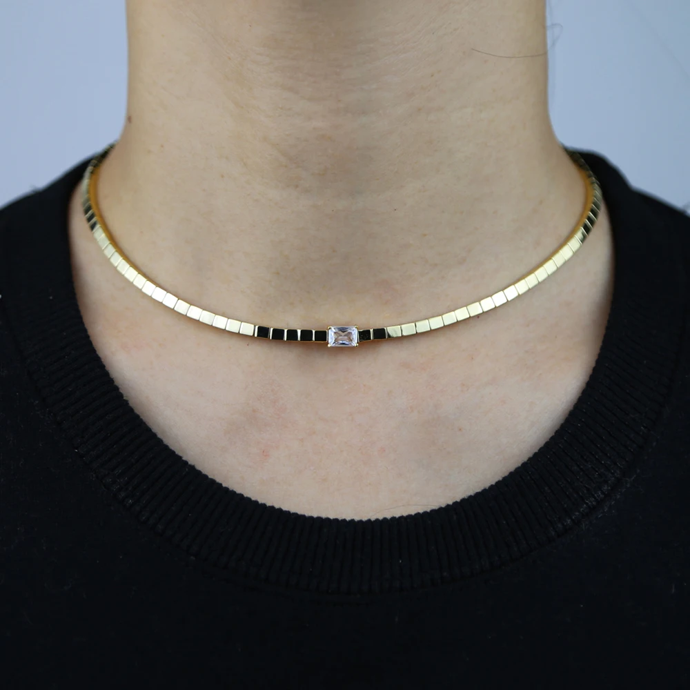 Gold Color Single 5A Bling Rectangle Cubic Zirconia Metal Beaded Tennis Chain 16\