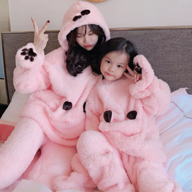 Mommy and Me Winter Pajamas Parent-Child Pyjamas Hood Set Mother and Daughter Sweet Warm Girl Son Cartoon Sleepwear