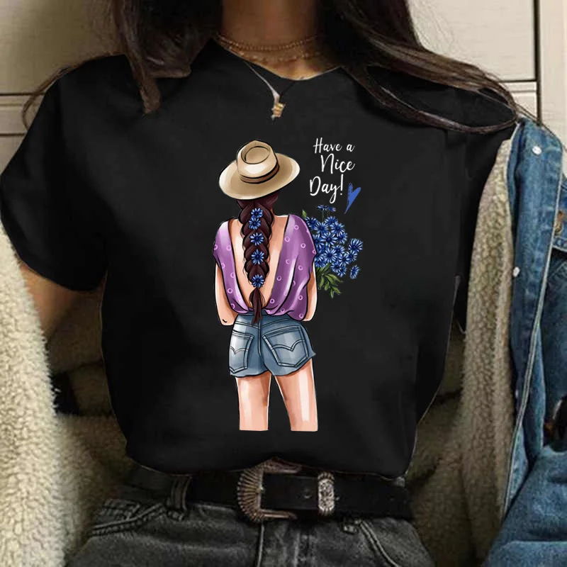 Maycaur Woman Fashion Print T Shirt Harajuku 90s Ulzzang Black Tshirts Casual Round Neck Short Slee Top Tee Shirt,Drop Ship