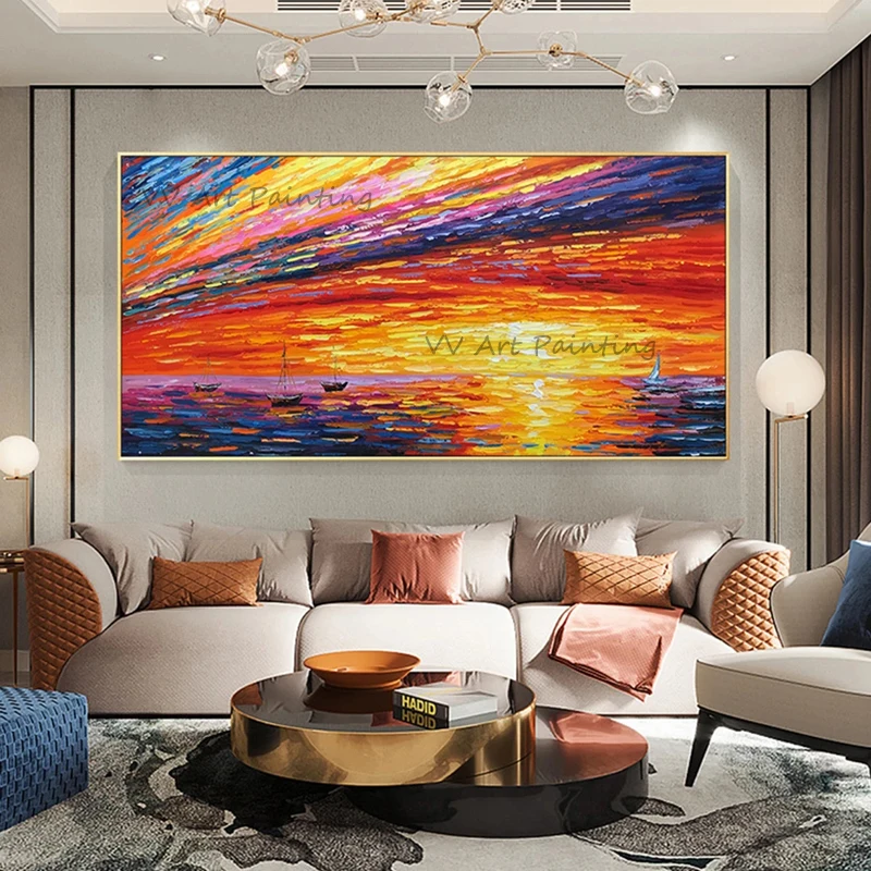 

The Best 100% Handmade Abstract Sunrise Oil Painting Canvas Picture Seascape Artwork Shadow Art For Home Living Room Decoration